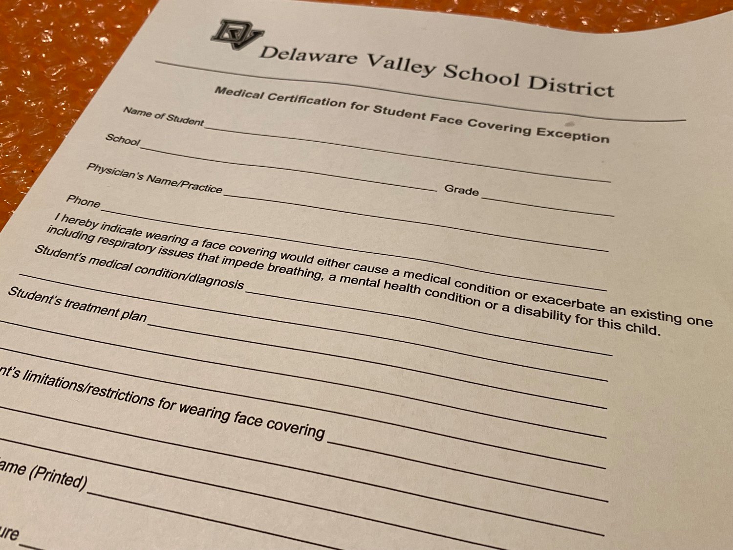 As of October 22, all mask exceptions in the Delaware Valley School District must have medical certification.